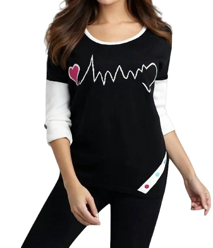 Heartbeat Graphic Sweater In Blackwhite Casual Women's Loose - fitting