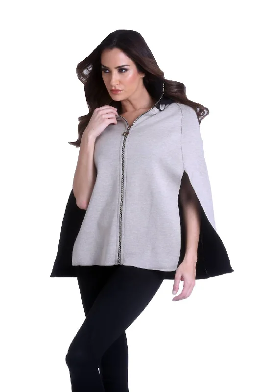 High Slit Detachable Hooded Poncho In Black Stone Business