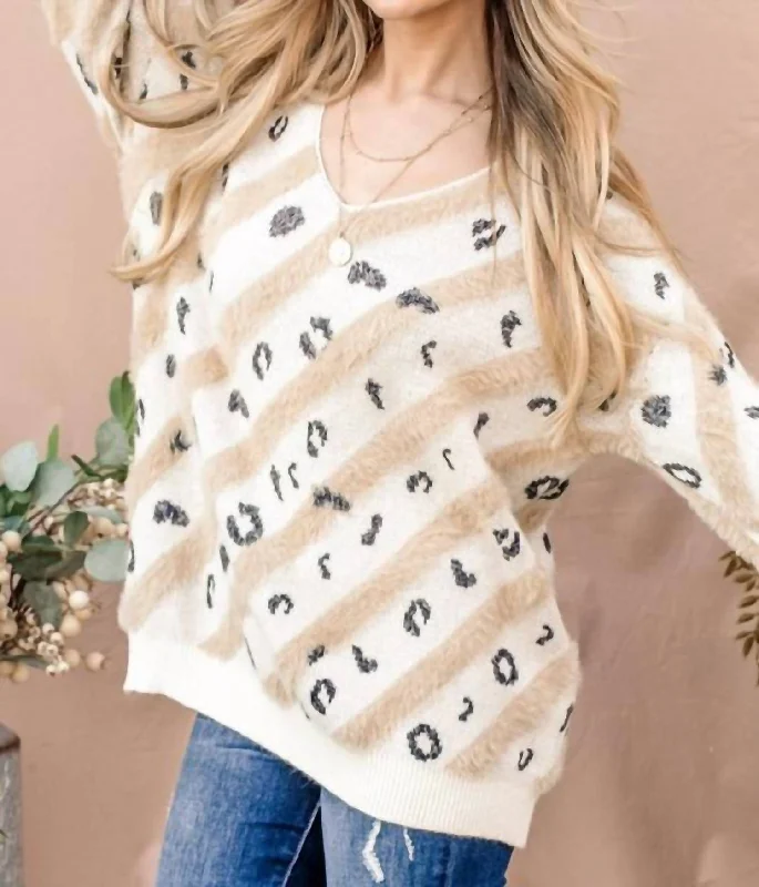 Leopard Print Faux Fur V Neckline Sweater In Cream Monochromatic All - in - one