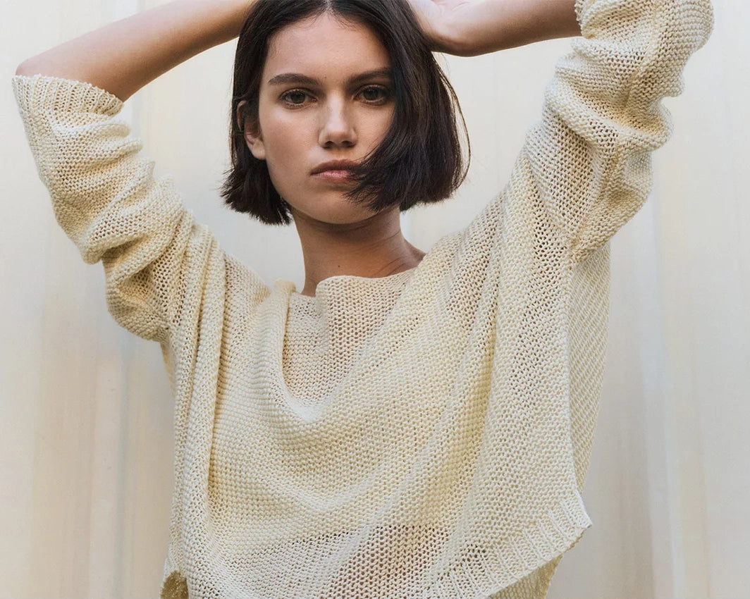 Linen Open Knit Bateau Sweater in Antique Cream Modern Women's 