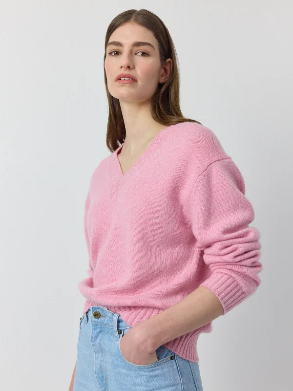 Luxe  Cashmere V Neck Sweater - Pink Melange Unique Women's Upcycled