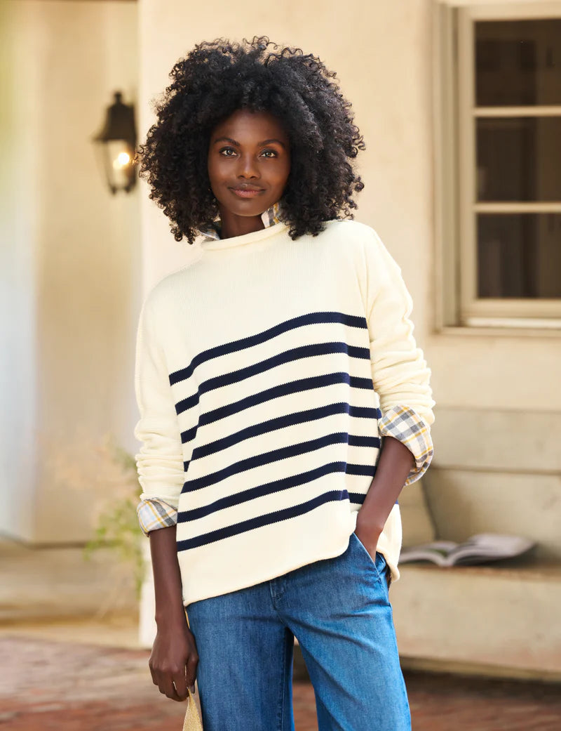 MONTEREY Rolled Neck Cotton Sweater in Cream/Navy Stripe Classic Women's Pin - striped