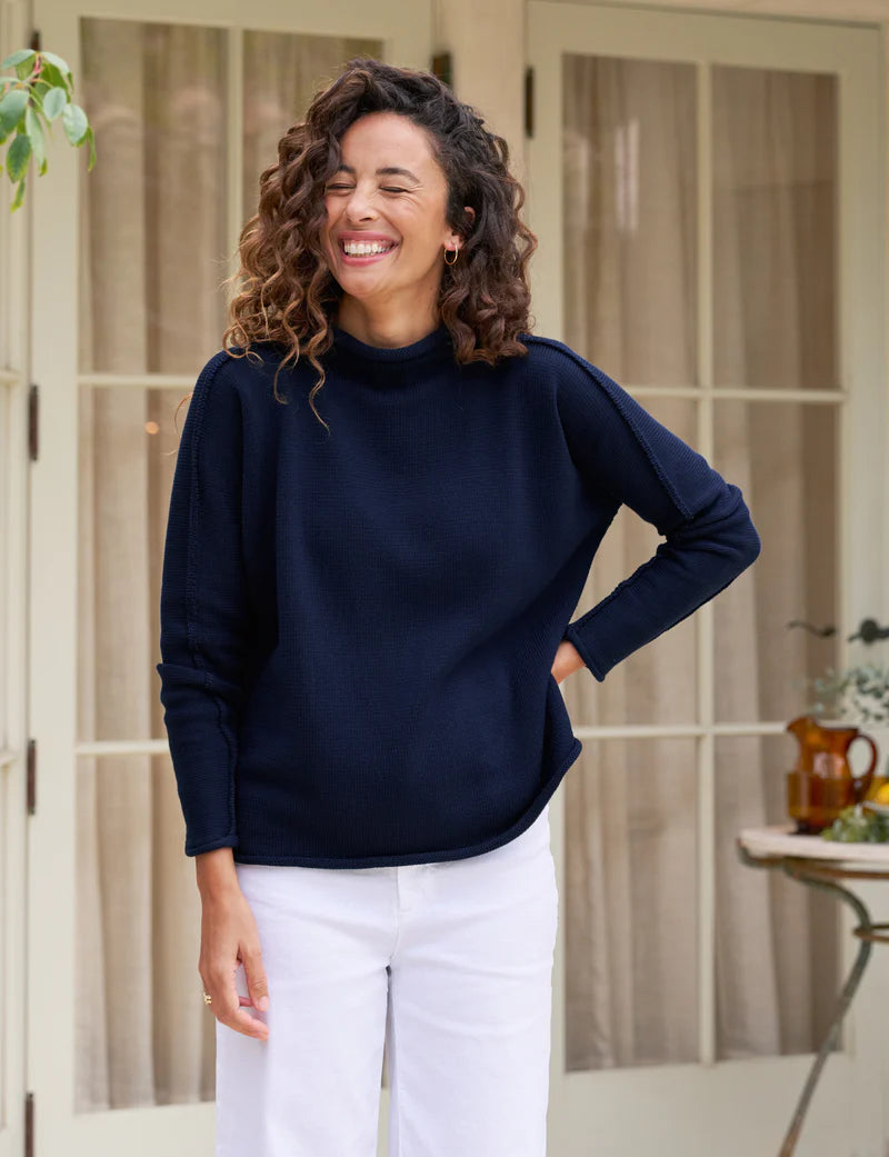 MONTEREY Rolled Neck Cotton Sweater in Navy European
