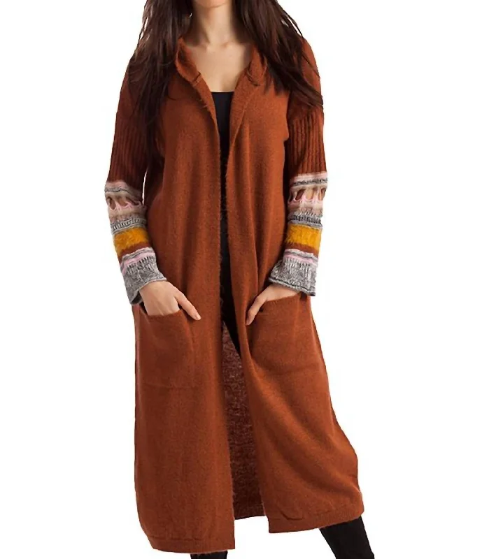 Natalia Long Cardigan With Hood In Rust Multi Laid - back Women's Style