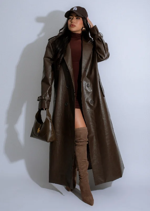 Vanguard Trench Faux Leather Coat Brown Practical Women's Quick - dry