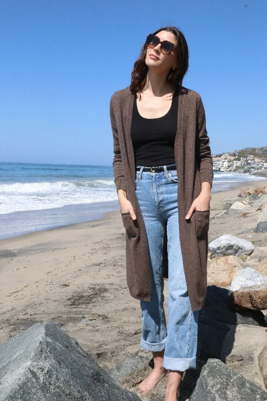 Wool/Cashmere Long Open Cardigan in Toast Trendy Women's Oversized