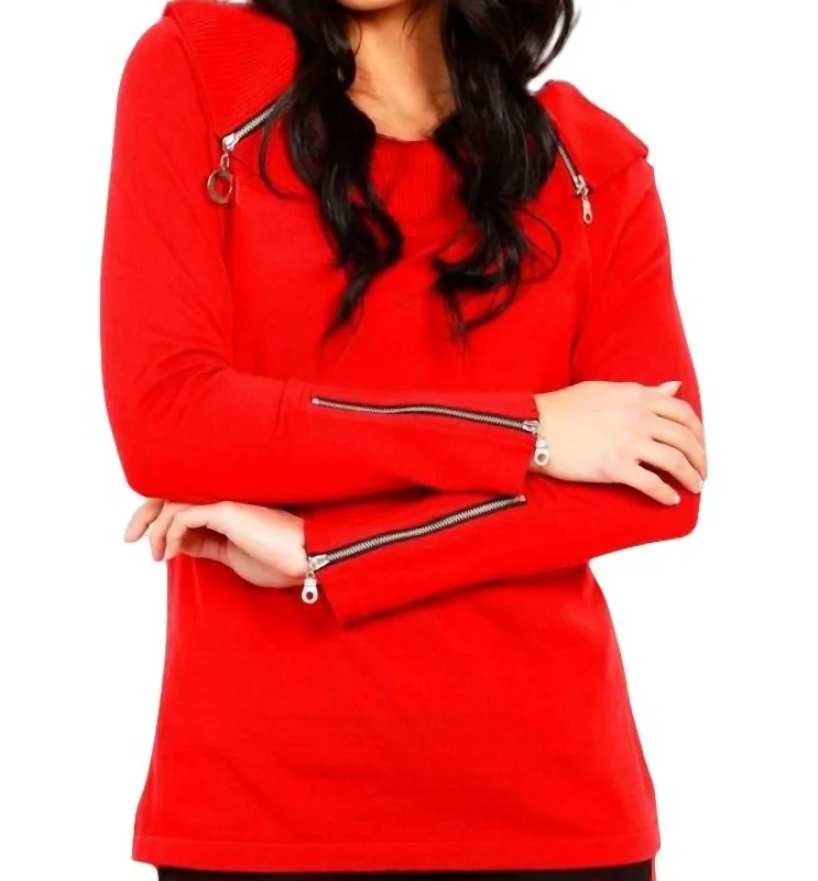 Zip Cowl Sweater In Red Feminine Women's Soft 