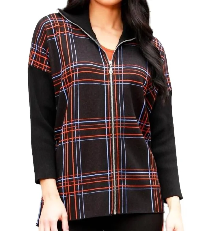 Zip Plaid Poncho In Black/multi Cashmere