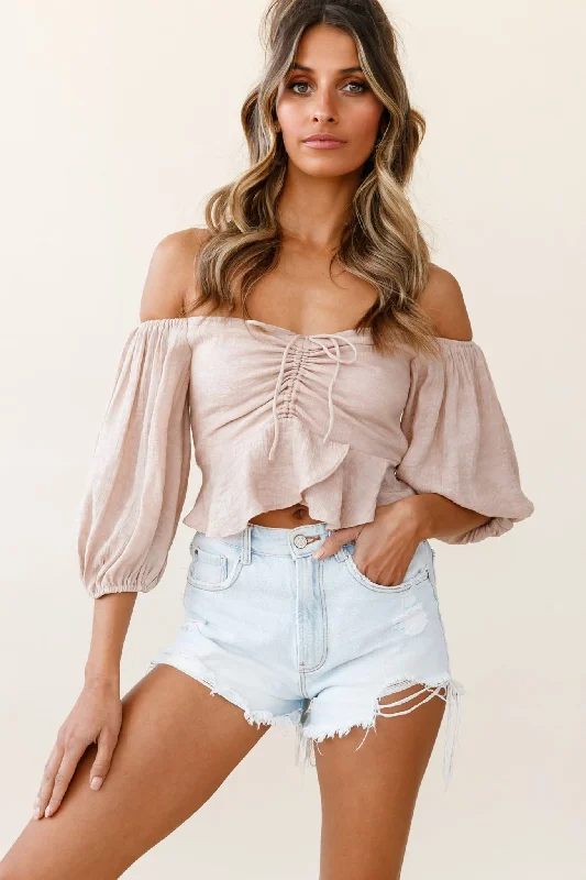 Avaline Balloon Sleeve Ruched Bust Bardot Top Beige Hip Women's Urban