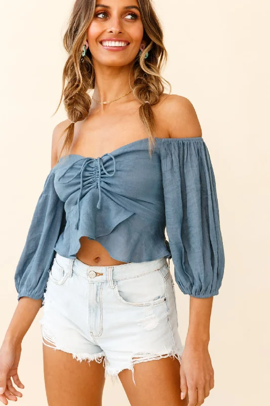 Avaline Balloon Sleeve Ruched Bust Bardot Top Midnight Blue Rugged Women's Outdoor 
