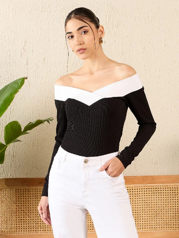 Colorblock Off Shoulder Full Sleeve Top Street