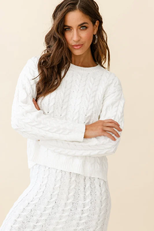 Cozy Up Cable Knit Sweater White Preppy Women's College