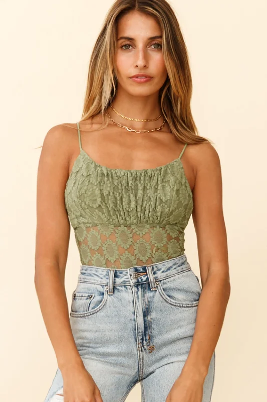 Dirty Dancing Ruched Bust Low-Back Lace Bodysuit Avocado Classic Women's Pin - striped