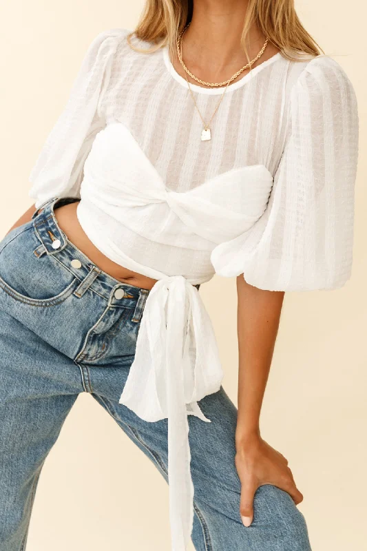 Emerson Puff Sleeve Waist Tie Top White Vintage Women's 1970S 