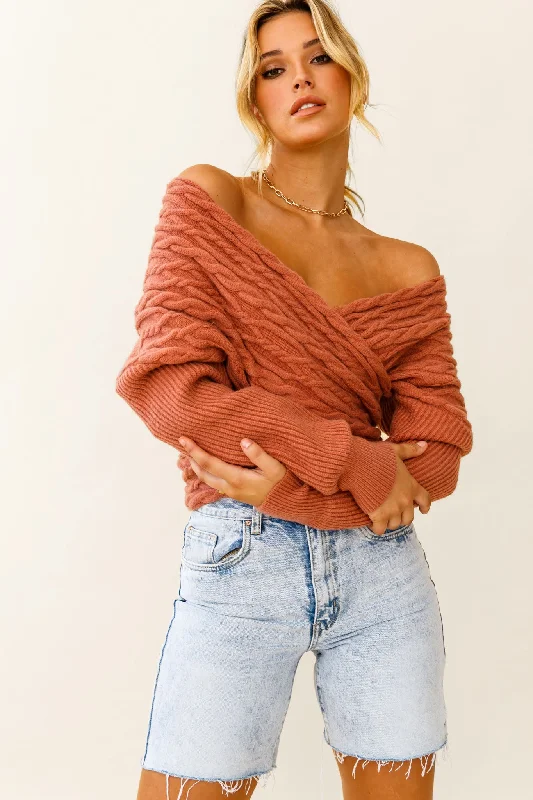 Heartstopper Off-Shoulder Wrap Knit Top Rose Sleek Women's 