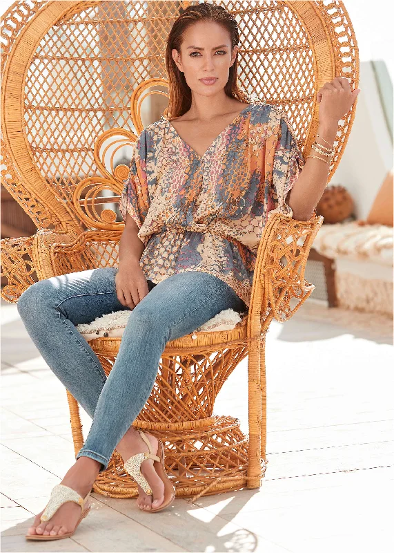 Printed Faux-Wrap Top - Orange Multi Athletic Women's High - 