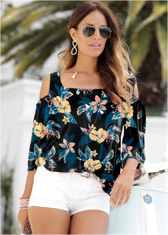 Printed Cold-Shoulder Top - Blue Multi performance
