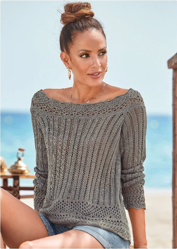 Crochet Detail Sweater  - Blue Relaxed Women's 