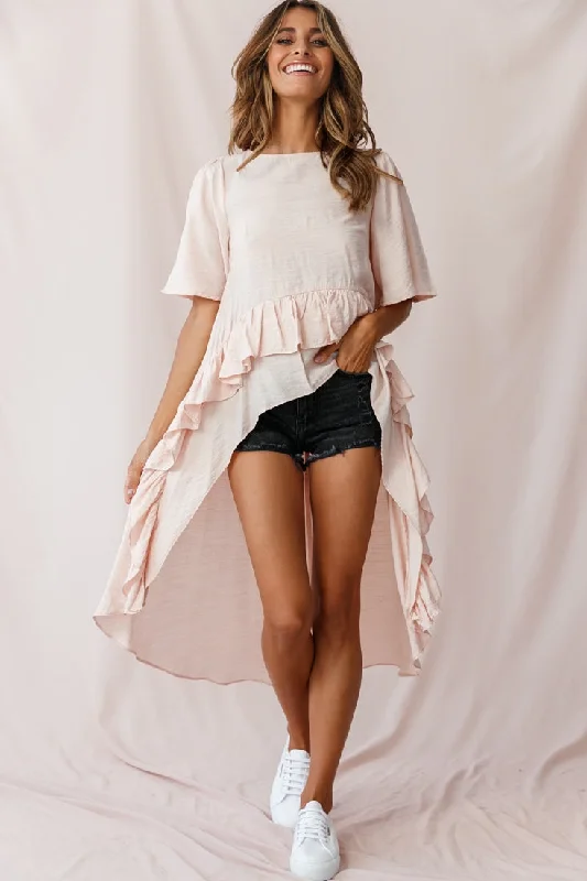 Kara High-Low Ruffle Trim Top Beige Country