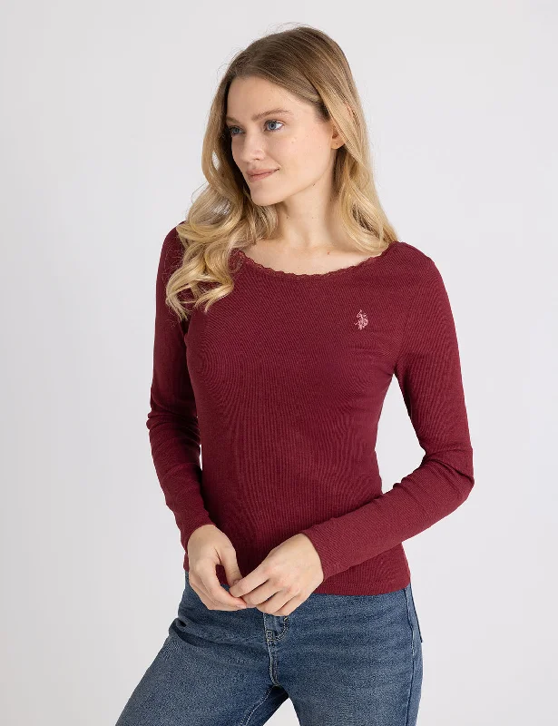 LACE TRIM SCOOP NECK RIB TOP Vacation