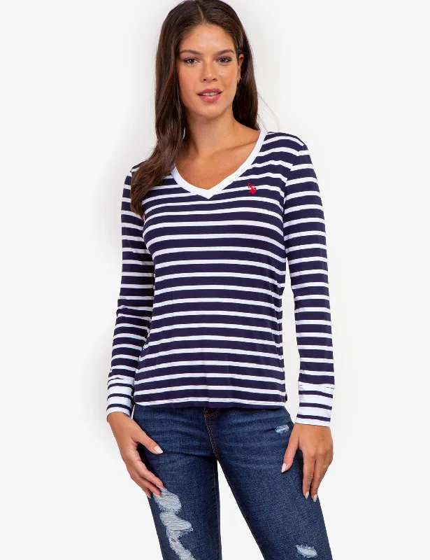LONG SLEEVE STRIPE V-NECK TOP Feminine Women's Style 