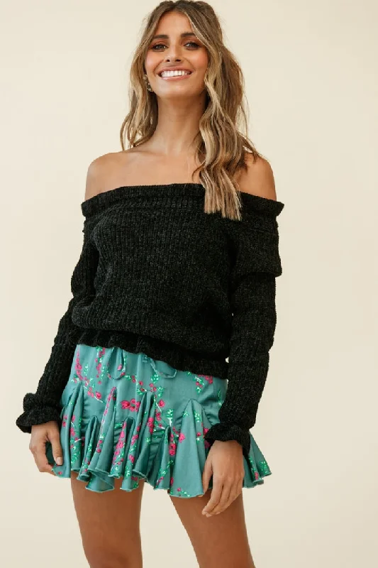 Mackenzie Off-Shoulder Long Sleeve Knit Top Black Streetwear Style for 