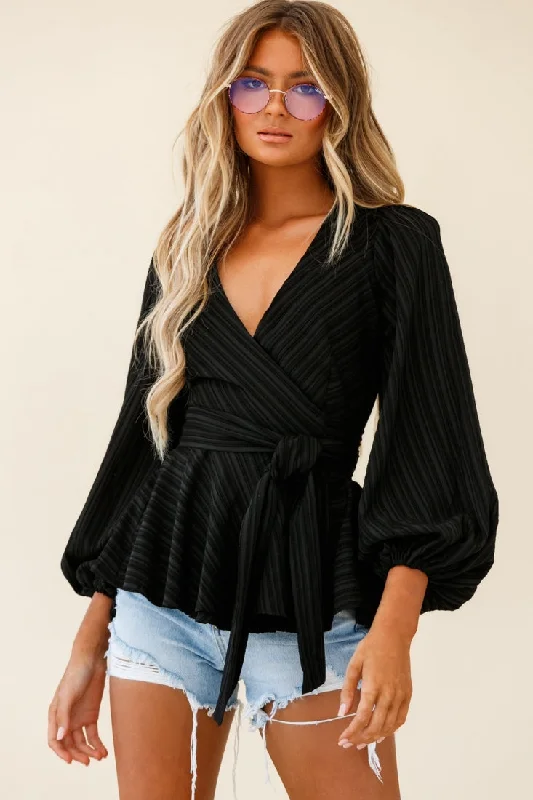 Macy Fit & Flare Wrap Top Stripe Pattern Black Unique Women's Upcycled