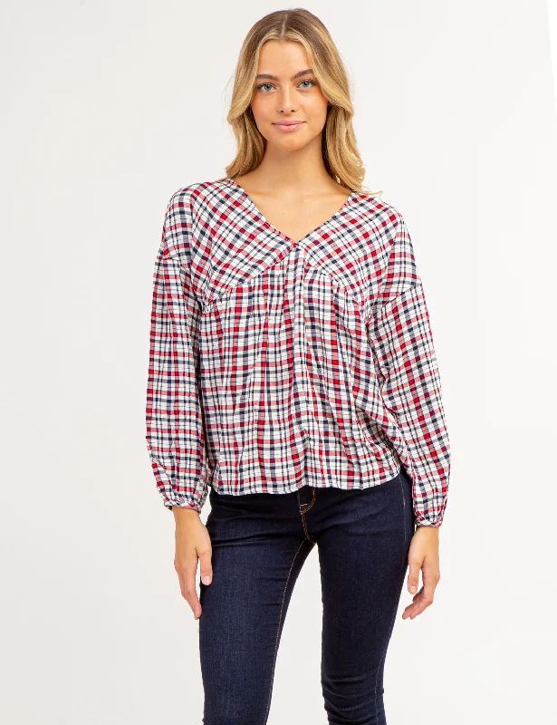 PLAID POETIC V-NECK TOP Classic Women's Pin - striped