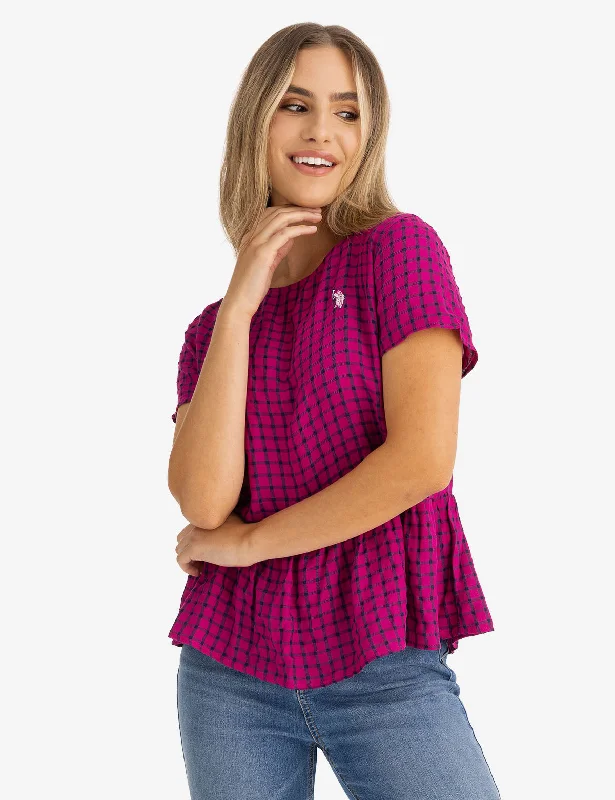 SHORT SLEEVE PEPLUM GRID TOP Sophisticated Women's 