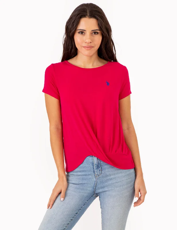 SOLID TWIST FRONT SHORT SLEEVE TOP Athletic Women's High - 