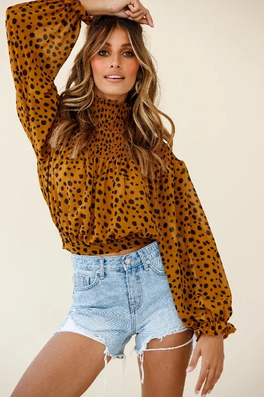 Sparrow High Neck Shirred Blouse Spot Print Brown Bohemian Women's Free