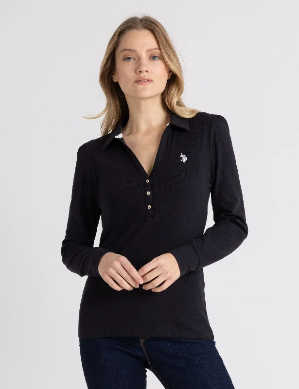 SPLIT NECK LONG SLEEVE RIB POLO SHIRT Monochromatic Office Style