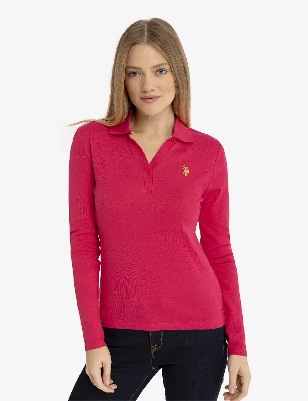 SPLIT NECK RIBBED LONG SLEEVE POLO SHIRT Practical Women's Multi - 