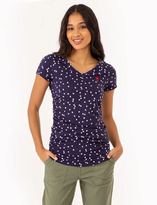 STAR PRINT RUCHED SIDE V-NECK T-SHIRT Relaxed Women's Beachy