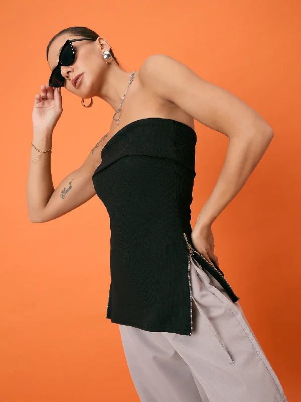 Strapless Ribbed Stretchable Zip Detailing Top Rugged Women's Outdoor 