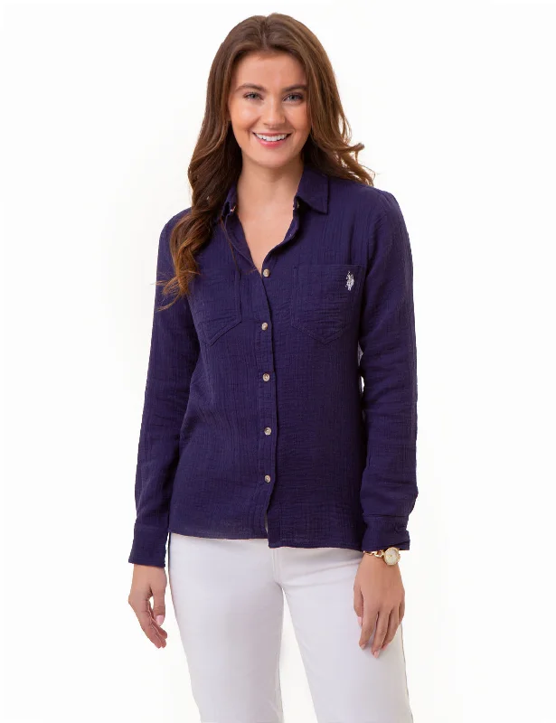 TEXTURED BUTTON-UP LONG SLEEVE SHIRT Sleek Women's Metallic