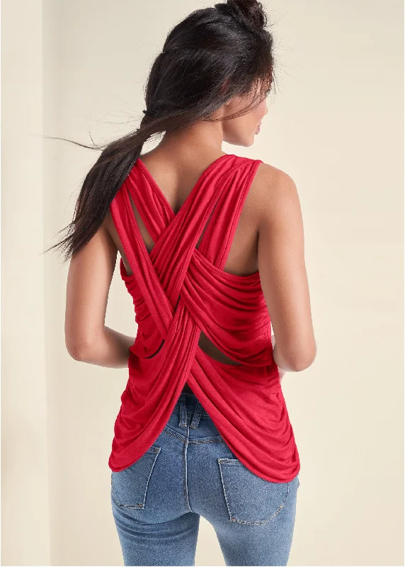 Crisscross Detail Top - Red Tough Women's Military - inspired