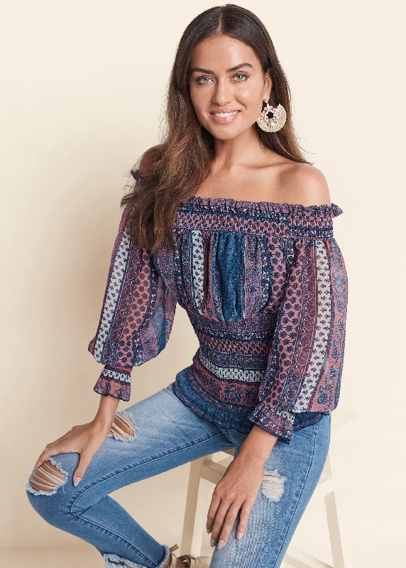 Printed Smocked Top - Pink Multi Hip Women's Urban