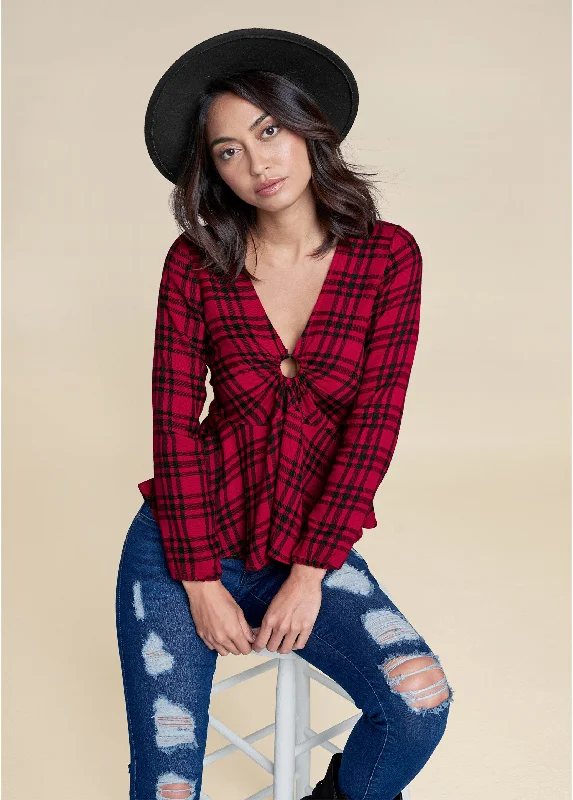Plaid Ring Detail Top - Red Multi Women