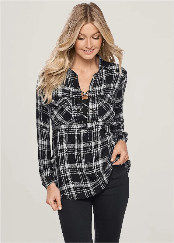 Plaid Lace-Up Top - Black Multi Unique Women's Upcycled