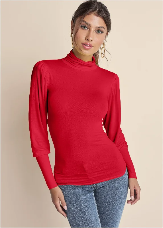 Turtleneck Long Sleeve Top - Red Traditional Women's Wool