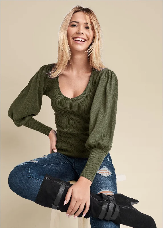 Puff Sleeve Sweater - Olive Bold Women's Statement