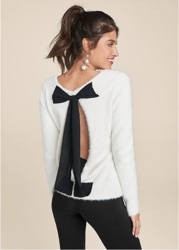 Bow Detail Open Back Sweater - Off White Geometric