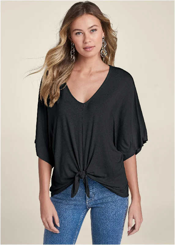 Knot Twist V-Neck Tee - Black Athletic Women's 