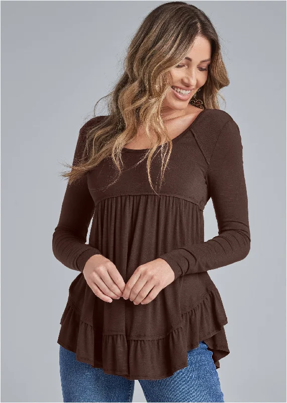 Long Sleeve Babydoll Top - Dark Brown Sophisticated Women's Tailored
