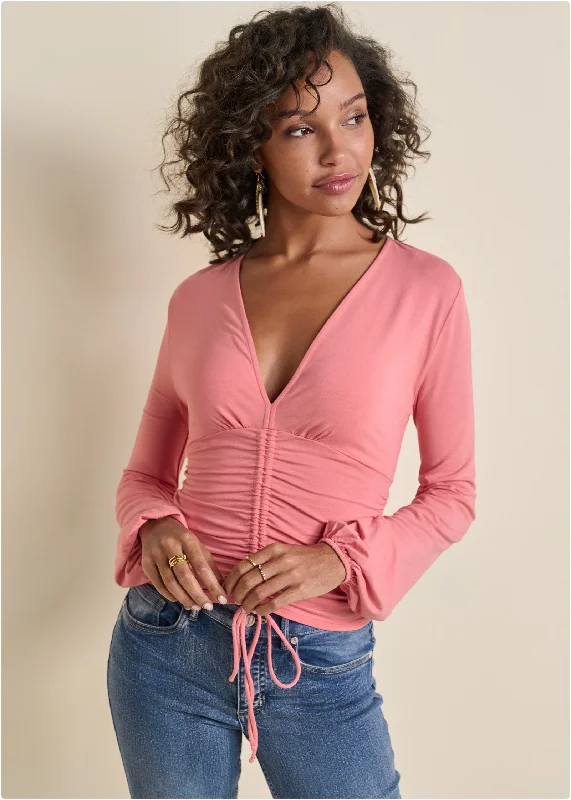 Ruched V-Neck Top - Coral Practical Women's Multi - 