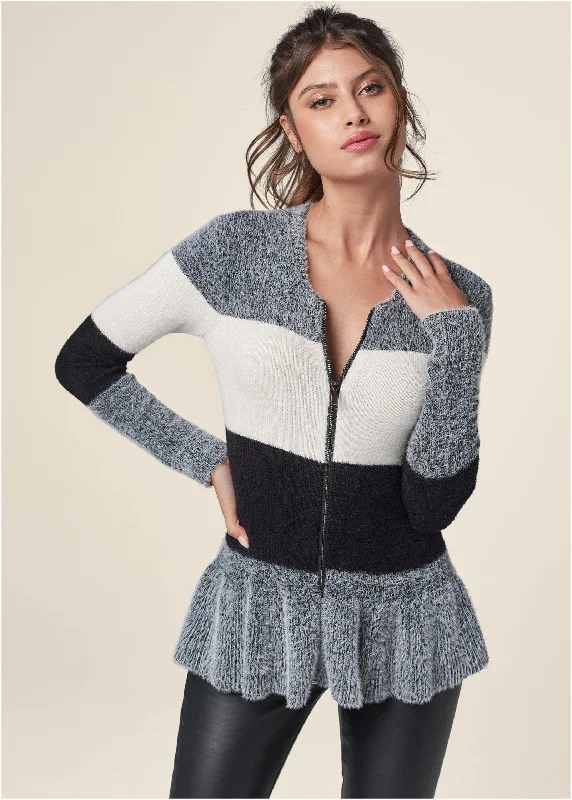 Zip Front Cozy Peplum Cardigan - Black Multi purpose