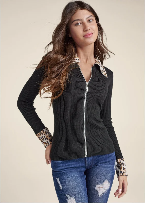 Zipper Front Cardigan  - Black Multi Contemporary 