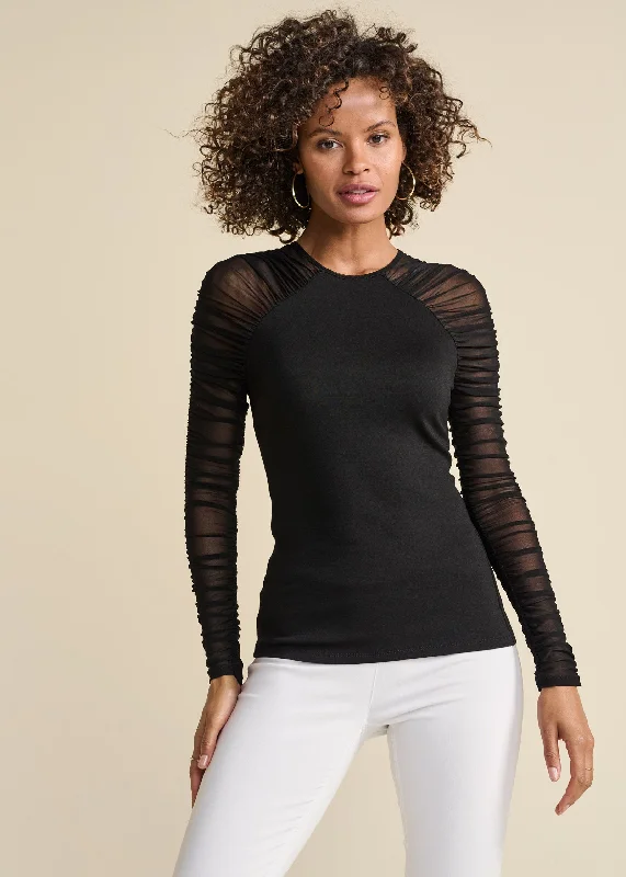 Mesh Ruched Top - Black Classic Women's Tweed