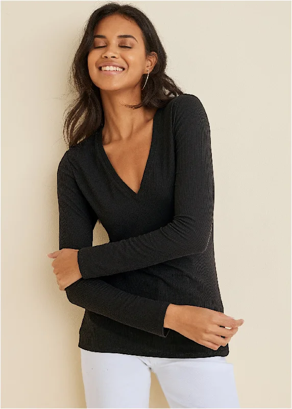Ribbed Long Sleeve V-Neck - Black performance